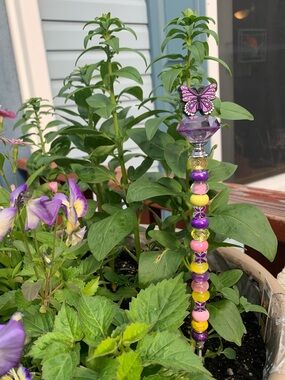 Purple Butterfly Beaded Fairy Garden Stake - purple & yellow accents handmade